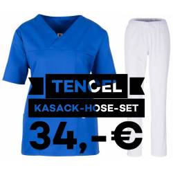SALE - Kombination aus TENCEL-KASACK 2700 und TENCEL-HOSE 2701 von MEIN-KASACK.de / Farbe: kornblau - weiß - 1