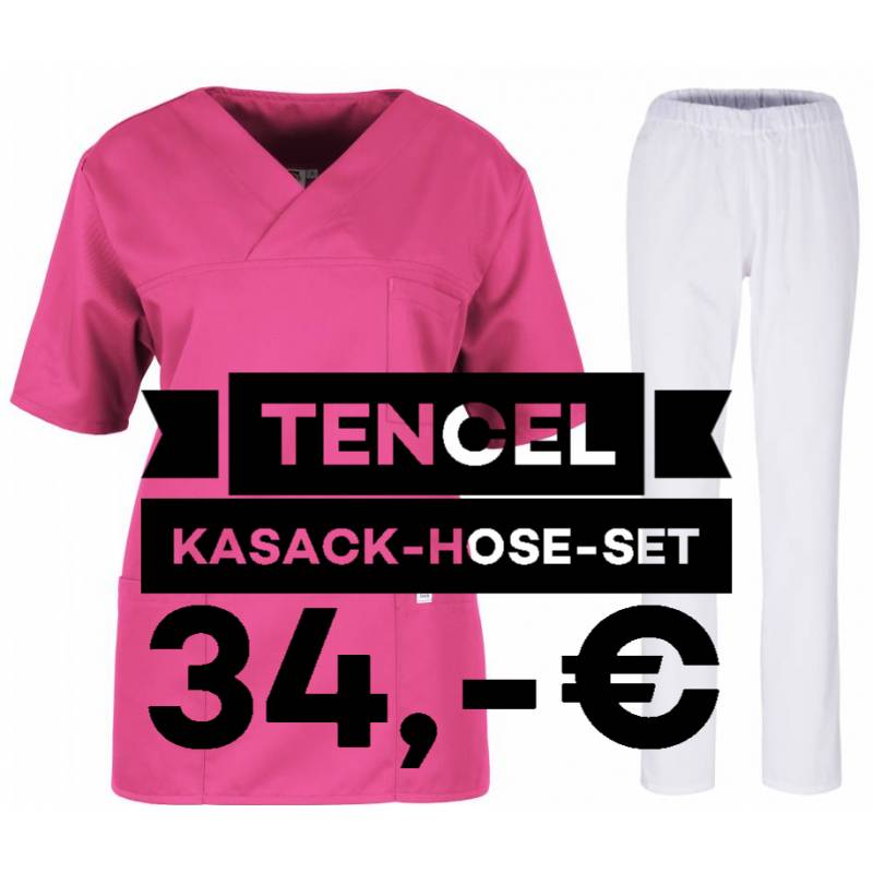 SALE - Kombination aus TENCEL-KASACK 2700 und TENCEL-HOSE 2701 von MEIN-KASACK.de / Farbe: pink - weiß - 1