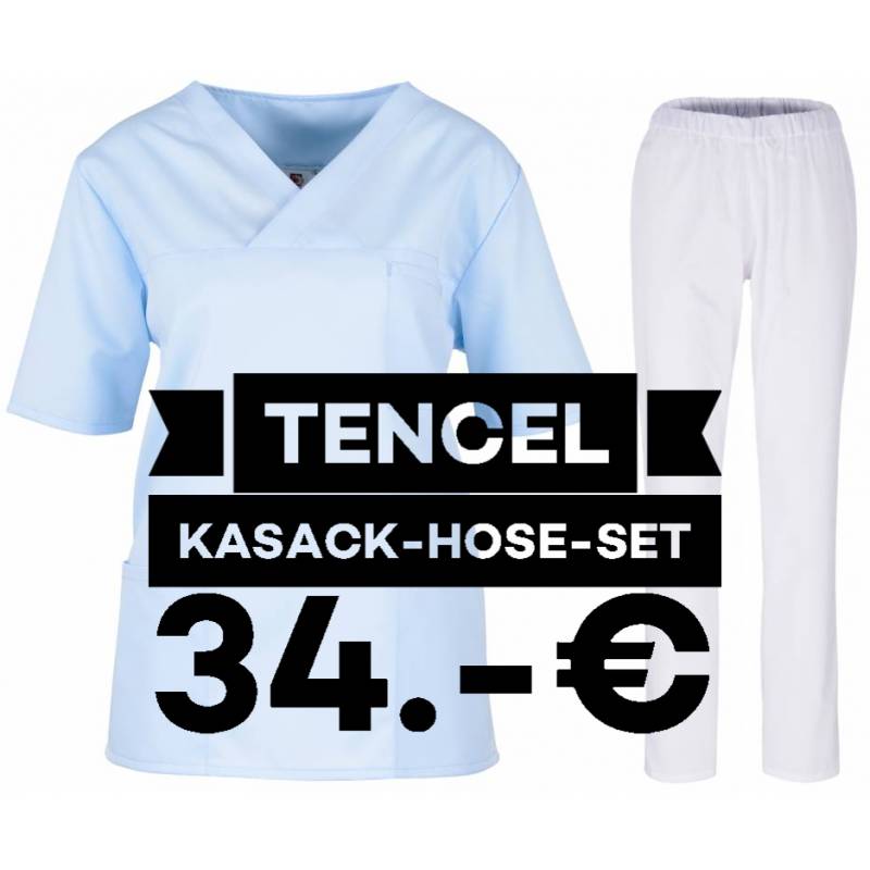 SALE - Kombination aus TENCEL-KASACK 2700 und TENCEL-HOSE 2701 von MEIN-KASACK.de / Farbe: hellblau - weiß - 1