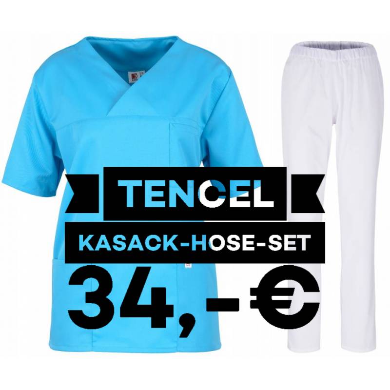 SALE - Kombination aus TENCEL-KASACK 2700 und TENCEL-HOSE 2701 von MEIN-KASACK.de / Farbe: türkis - weiß - 1
