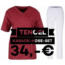 SALE - Kombination aus TENCEL-KASACK 2700 und TENCEL-HOSE 2701 von MEIN-KASACK.de / Farbe: weinrot - weiß - 1