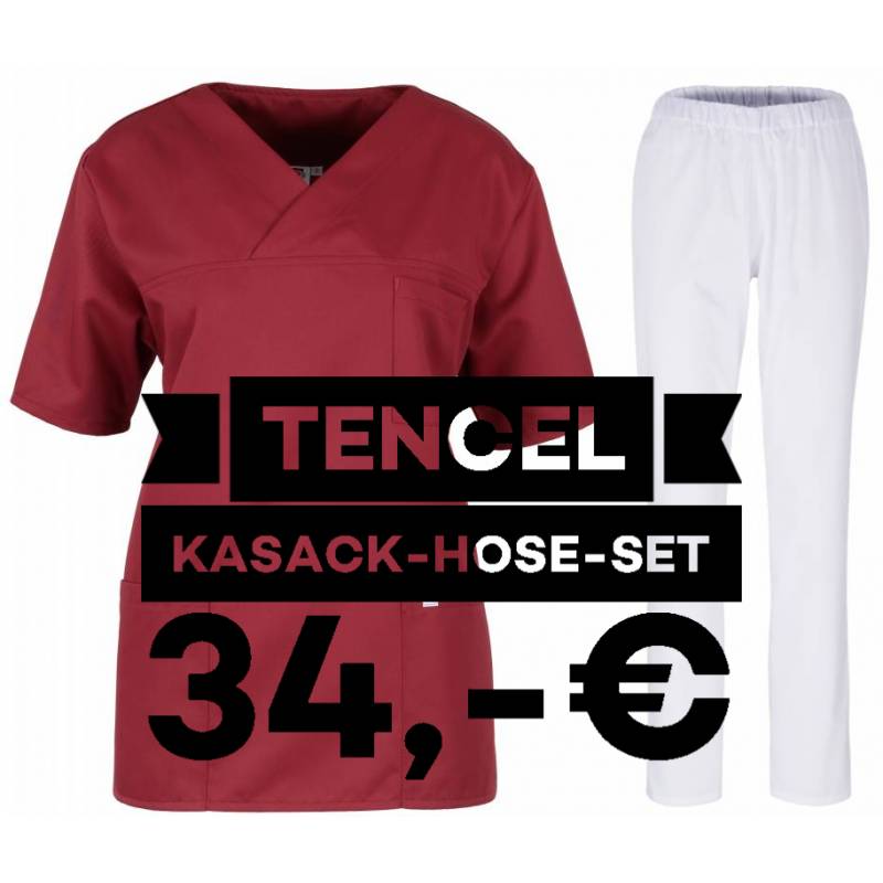 SALE - Kombination aus TENCEL-KASACK 2700 und TENCEL-HOSE 2701 von MEIN-KASACK.de / Farbe: weinrot - weiß - 1