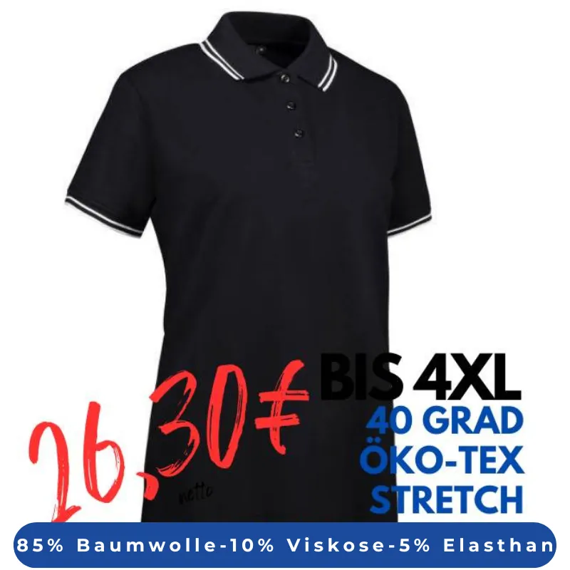 ARBEITS-POLO-SHIRT DAMEN | Stretch Kontrast 523 von ID / Farbe: schwarz / 85% BAUMWOLLE 10% VISKOSE 5% ELASTHAN | MEIN-KASACK.de - KASACK - KASACKS
