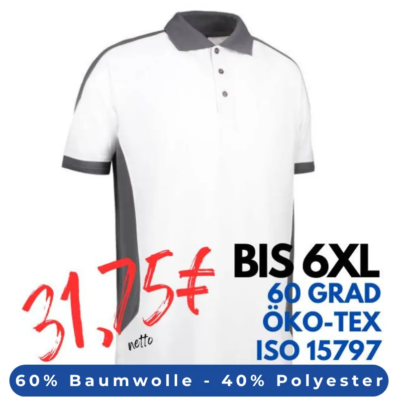 ARBEITS-POLO-SHIRT HERREN | PRO Wear Kontrast 322 von ID / Farbe: weiß / 50% BAUMWOLLE 50% POLYESTER | MEIN-KASACK.de - KASACK - KASACKS