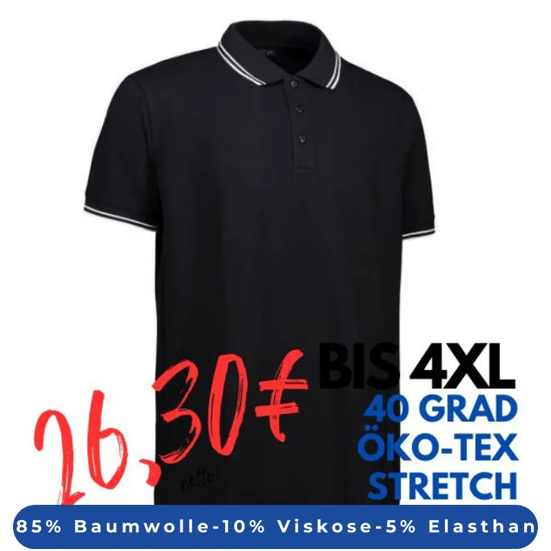 ARBEITS-POLO-SHIRT HERREN | Stretch Kontrast 522 von ID / Farbe: schwarz / 85% BAUMWOLLE 10% VISKOSE 5% ELASTHAN | MEIN-KASACK.de - KASACK - KASACKS