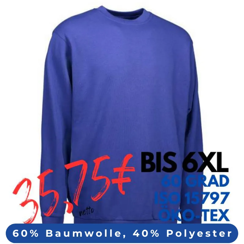 ARBEITS-SWEATSHIRT / ARBEITSPULLOVER HERREN | PRO Wear Classic 360 von ID / Farbe: königsblau/ 60% BAUMWOLLE 40% POLYESTER | MEIN-KASACK.de - KASACK - KASACKS