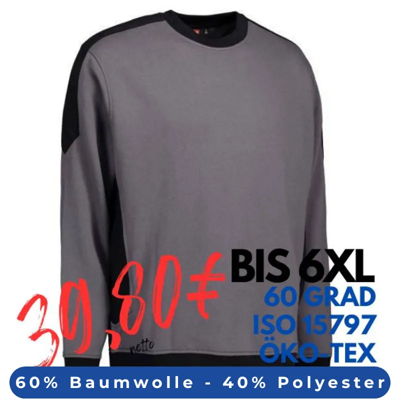 ARBEITS-SWEATSHIRT / ARBEITSPULLOVER HERREN | PRO Wear Kontrast 362 von ID / Farbe: grau / 60% BAUMWOLLE 40% POLYESTER | MEIN-KASACK.de - KASACK - KASACKS