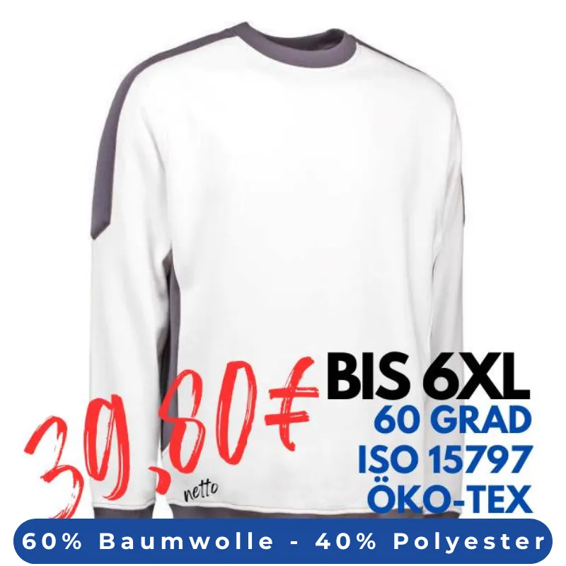 ARBEITS-SWEATSHIRT / ARBEITSPULLOVER HERREN | PRO Wear Kontrast 362 von ID / Farbe: weiß / 60% BAUMWOLLE 40% POLYESTER | MEIN-KASACK.de - KASACK - KASACKS