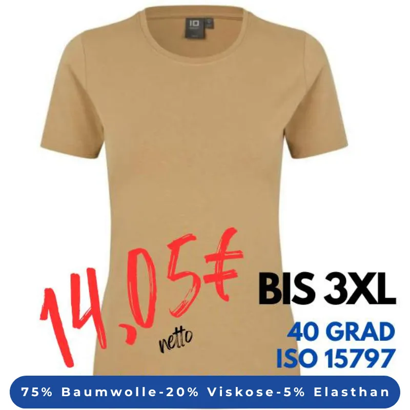 ARBEITS-T-SHIRT DAMEN | Stretch Komfort 595 von ID / Farbe: sand / 75% Baumwolle 20% Viskose 5% Elasthan | MEIN-KASACK.de - KASACK - KASACKS