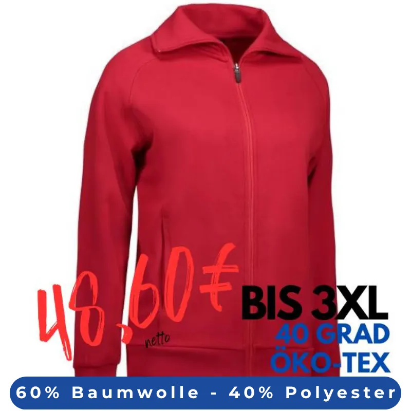 ARBEITSJACKE / FULL ZIPPER / SWEATJACKE DAMEN | 624 von ID / Farbe: rot / 60% BAUMWOLLE 40% POLYESTER | MEIN-KASACK.de - KASACK - KASACKS