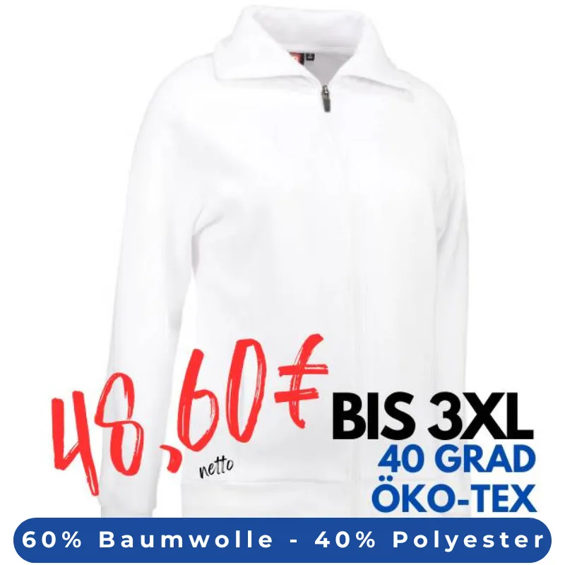 ARBEITSJACKE / FULL ZIPPER / SWEATJACKE DAMEN | 624 von ID / Farbe: weiß / 60% BAUMWOLLE 40% POLYESTER | MEIN-KASACK.de - KASACK - KASACKS