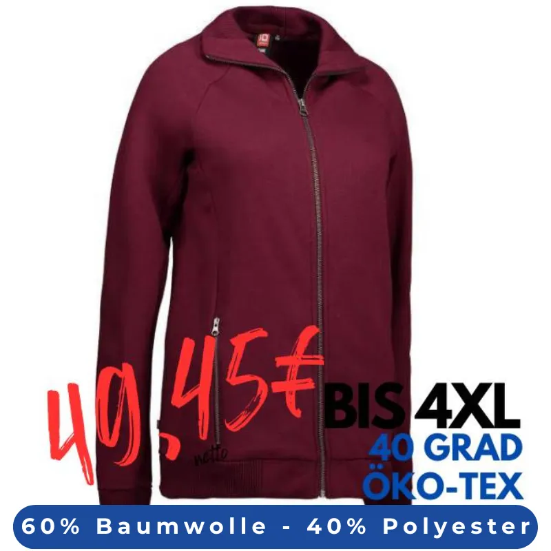 ARBEITSJACKE / FULL ZIPPER / SWEATJACKE DAMEN | 629 von ID / Farbe: bordeaux / 60% BAUMWOLLE 40% POLYESTER | MEIN-KASACK.de - KASACK - KASACKS