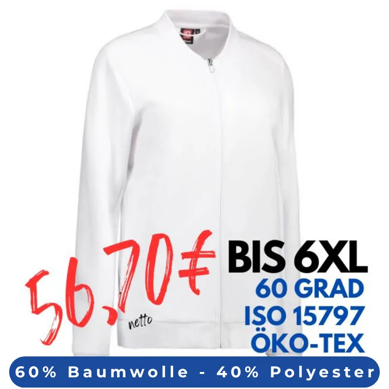 ARBEITSJACKE / FULL ZIPPER / SWEATJACKE DAMEN | PRO Wear 367 von ID / Farbe: weiß / 60% BAUMWOLLE 40% POLYESTER | MEIN-KASACK.de - KASACK - KASACKS