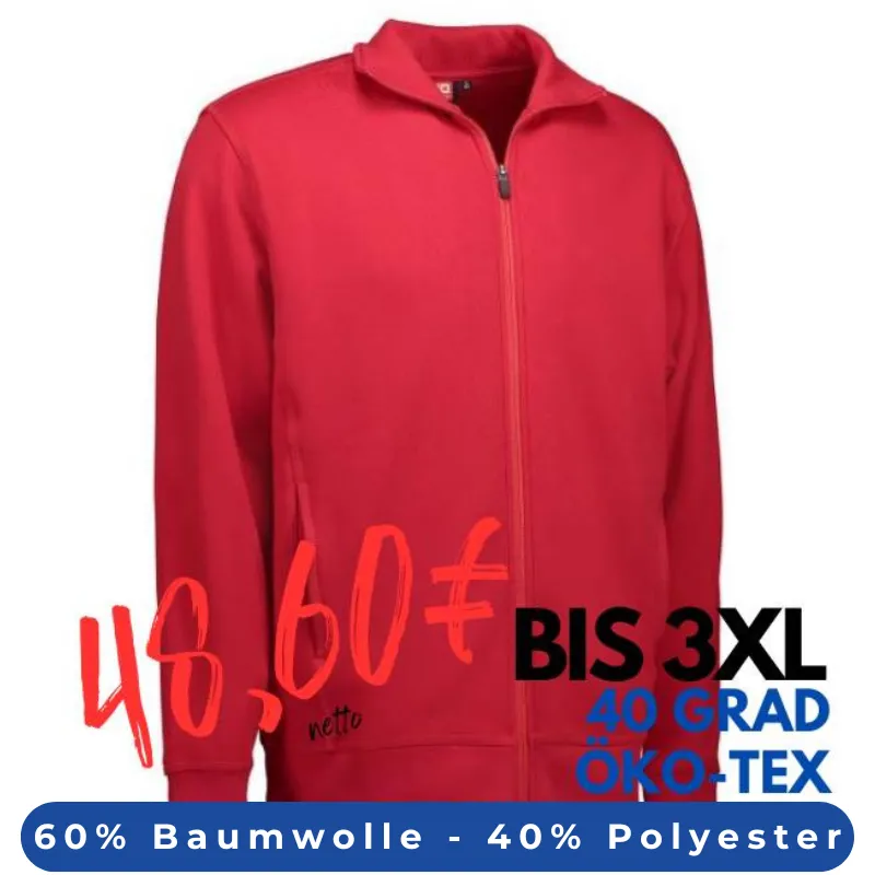 ARBEITSJACKE / FULL ZIPPER / SWEATJACKE HERREN | 622 von ID / Farbe: rot / 60% BAUMWOLLE 40% POLYESTER | MEIN-KASACK.de - KASACK - KASACKS