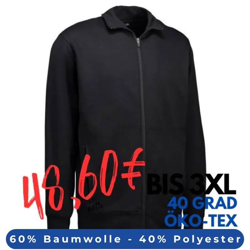 ARBEITSJACKE / FULL ZIPPER / SWEATJACKE HERREN | 622 von ID / Farbe: schwarz / 60% BAUMWOLLE 40% POLYESTER | MEIN-KASACK.de - KASACK - KASACKS