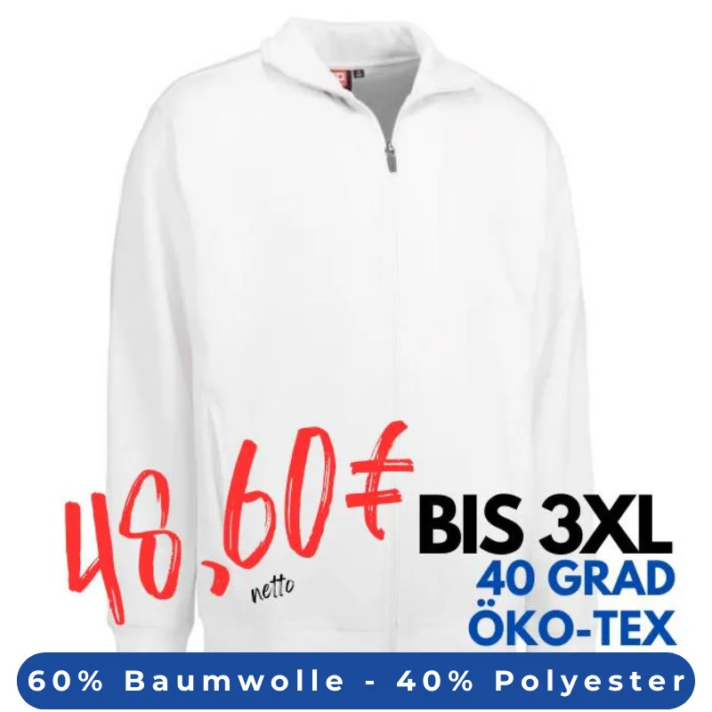 ARBEITSJACKE / FULL ZIPPER / SWEATJACKE HERREN | 622 von ID / Farbe: weiß / 60% BAUMWOLLE 40% POLYESTER | MEIN-KASACK.de - KASACK - KASACKS