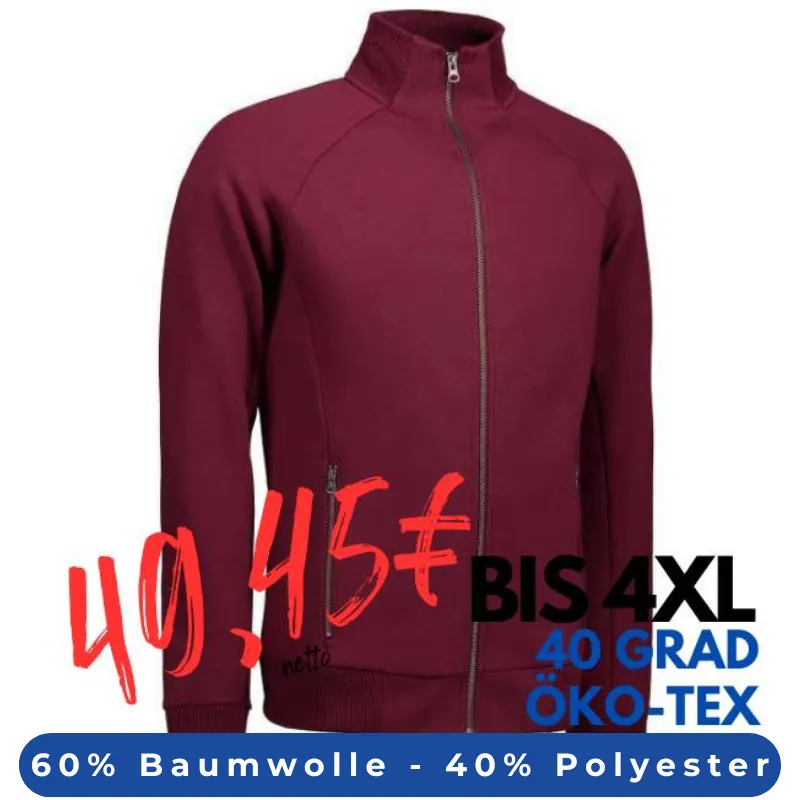 ARBEITSJACKE / FULL ZIPPER / SWEATJACKE HERREN | 628 von ID / Farbe: bordeaux / 60% BAUMWOLLE 40% POLYESTER | MEIN-KASACK.de - KASACK - KASACKS