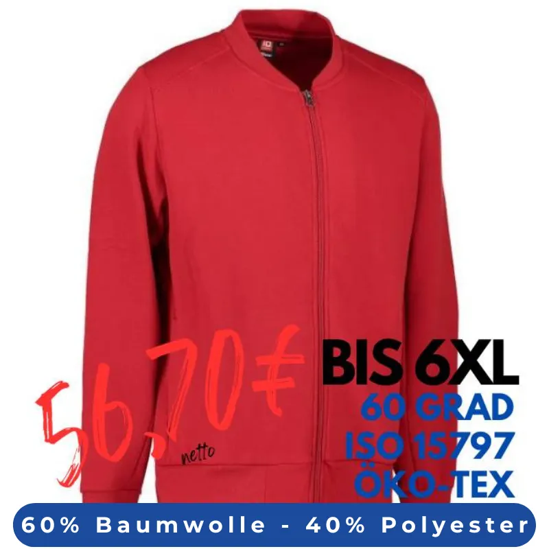 ARBEITSJACKE / FULL ZIPPER / SWEATJACKE HERREN | PRO Wear 366 von ID / Farbe: rot / 60% BAUMWOLLE 40% POLYESTER | MEIN-KASACK.de - KASACK - KASACKS