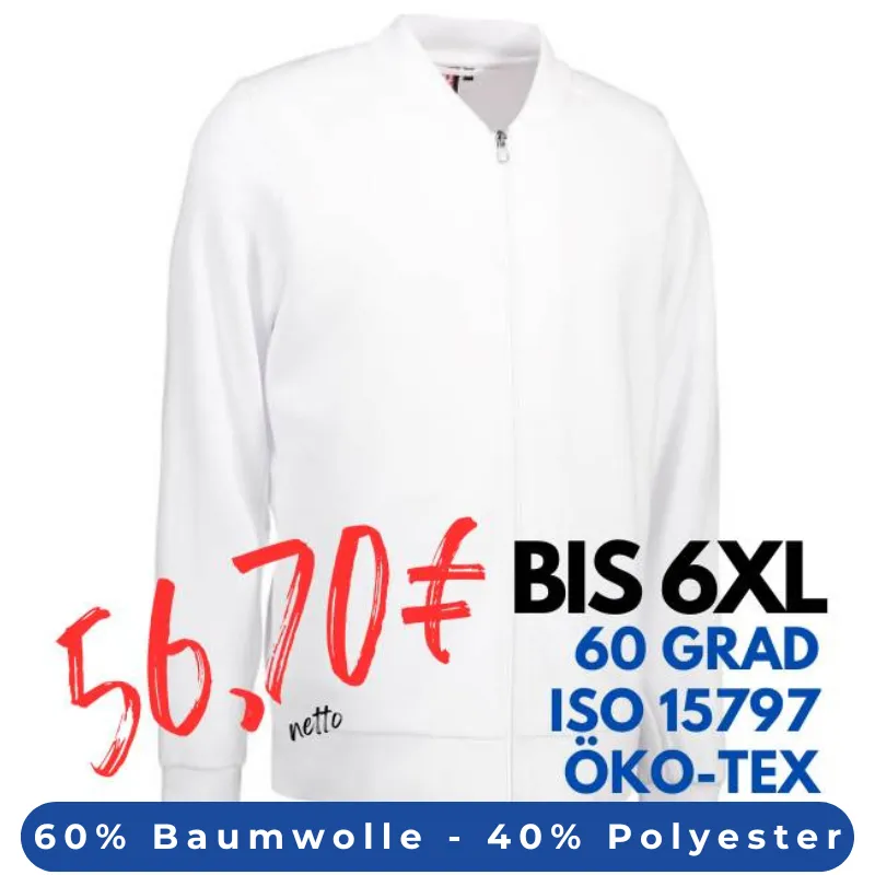 ARBEITSJACKE / FULL ZIPPER / SWEATJACKE HERREN | PRO Wear 366 von ID / Farbe: weiß / 60% BAUMWOLLE 40% POLYESTER | MEIN-KASACK.de - KASACK - KASACKS