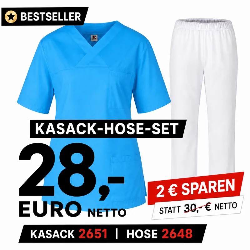Kasack-Hosen-Kombination aus Kasack 2651 und Schlupfhose 2648 in Türkis/Weiß